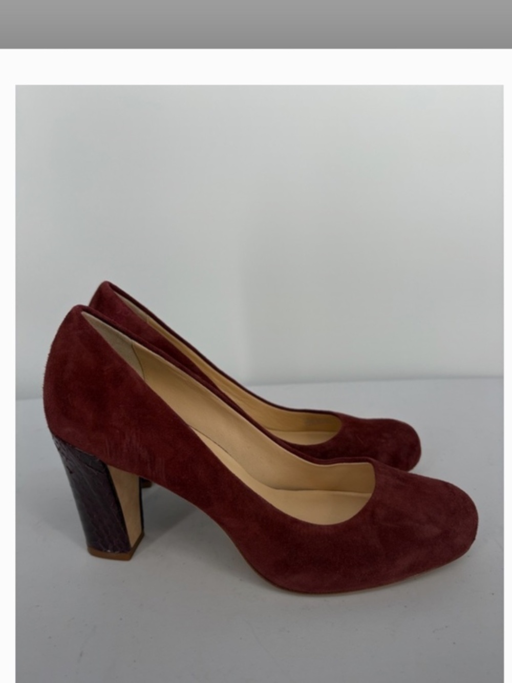 Cole Haan Burgundy Suede -reptile look Block Heel Pumps
